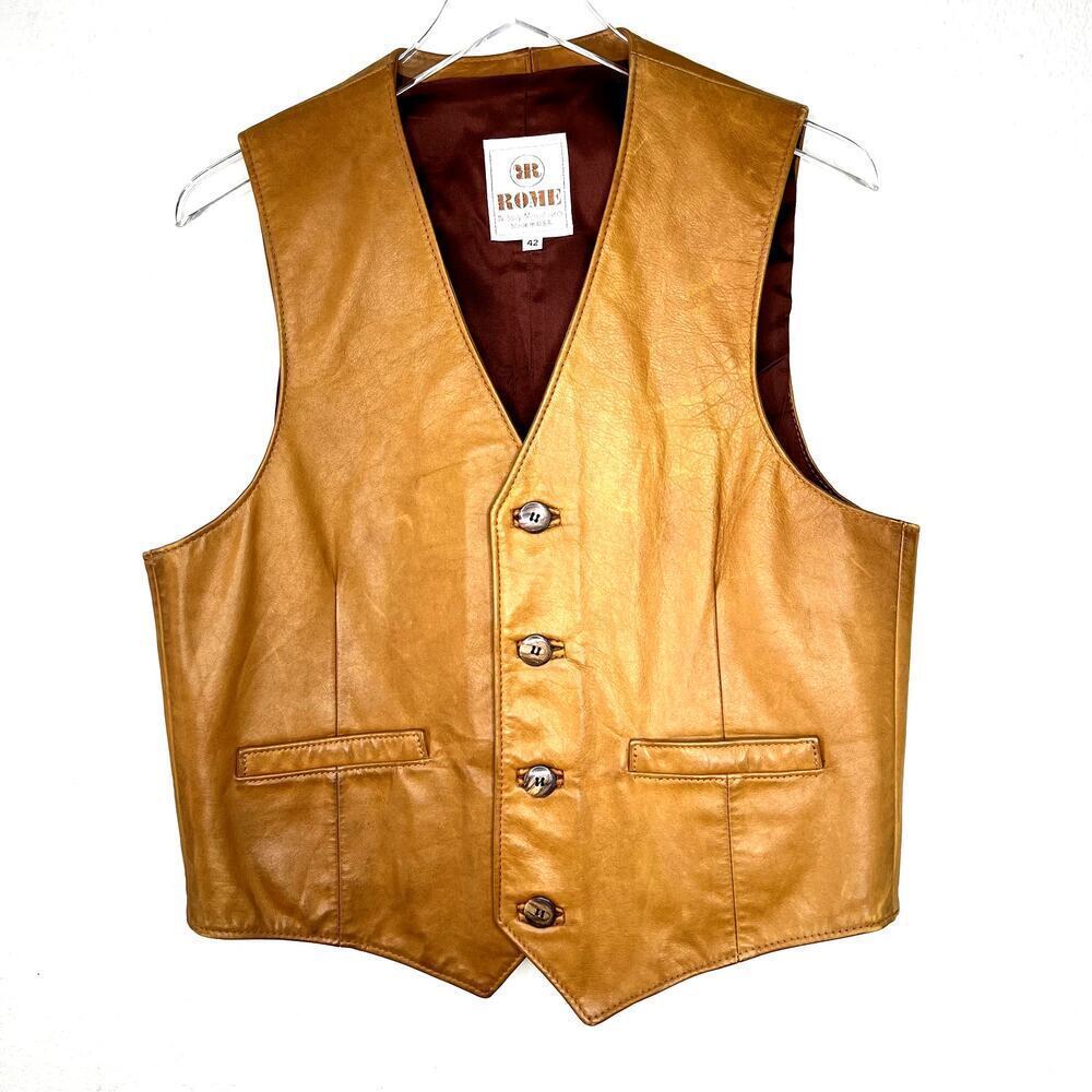 Vintage Rome 100% Genuine Leather Vest Western Men's 42 Button Up Tan Brown